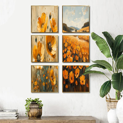 Ensemble de 6 reproductions d'art sur fond jaune Buttercups
