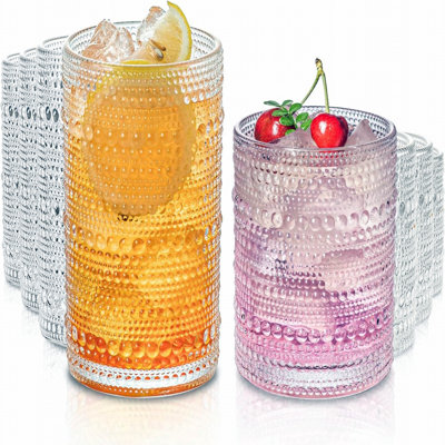 Embossed Design Glass Cups - 4 Highball Glasses & 4 Rocks Glasses