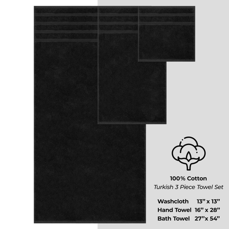 Ensemble de serviettes de bain turque 100% coton 3 pièces, collection super douce et absorbante Darcelle, Noir charbon