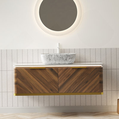 Meuble-lavabo de salle de bain, armoire de rangement en contreplaqué flottant, tiroir en sergé avec poignée et capteur de lumière, vasque en céramique à motif marbré et plateau en pierre frittée
