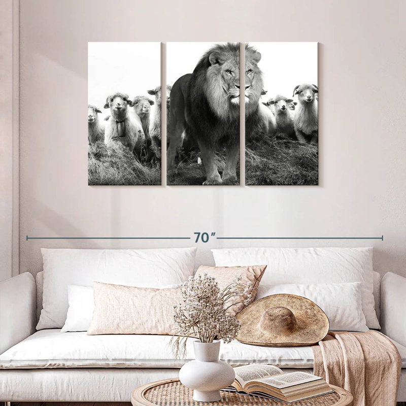 Brampt lion parmi les moutons, H 28 po x l 45 po