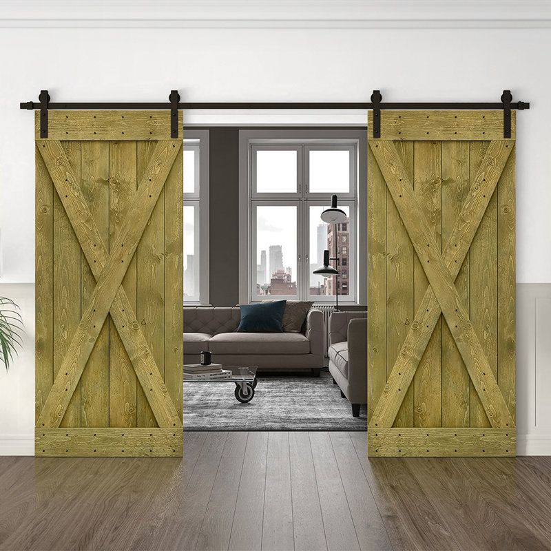 Porte de grange en bois massif lambrissé et métal, Vert jungle, 56 po x 84 po