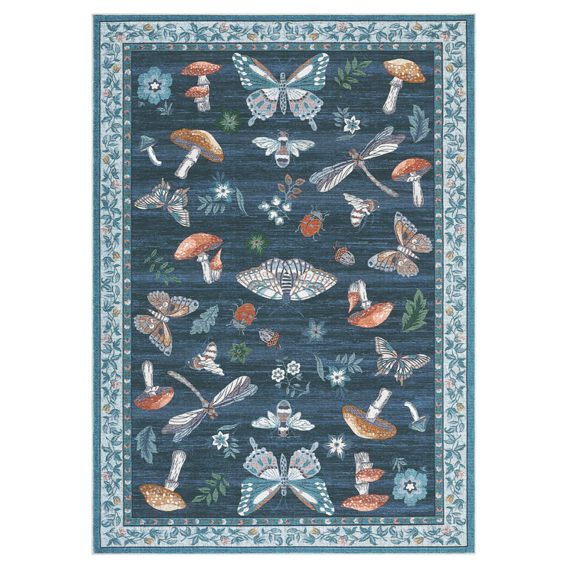 Floral Machine Washable Rug with Non-Slip Backing, Soft Thin Low Pile Non Shedding Floor Carpet, Indoor Foldable Printed Accent Mat for Living Room/Nursery/Bedroom