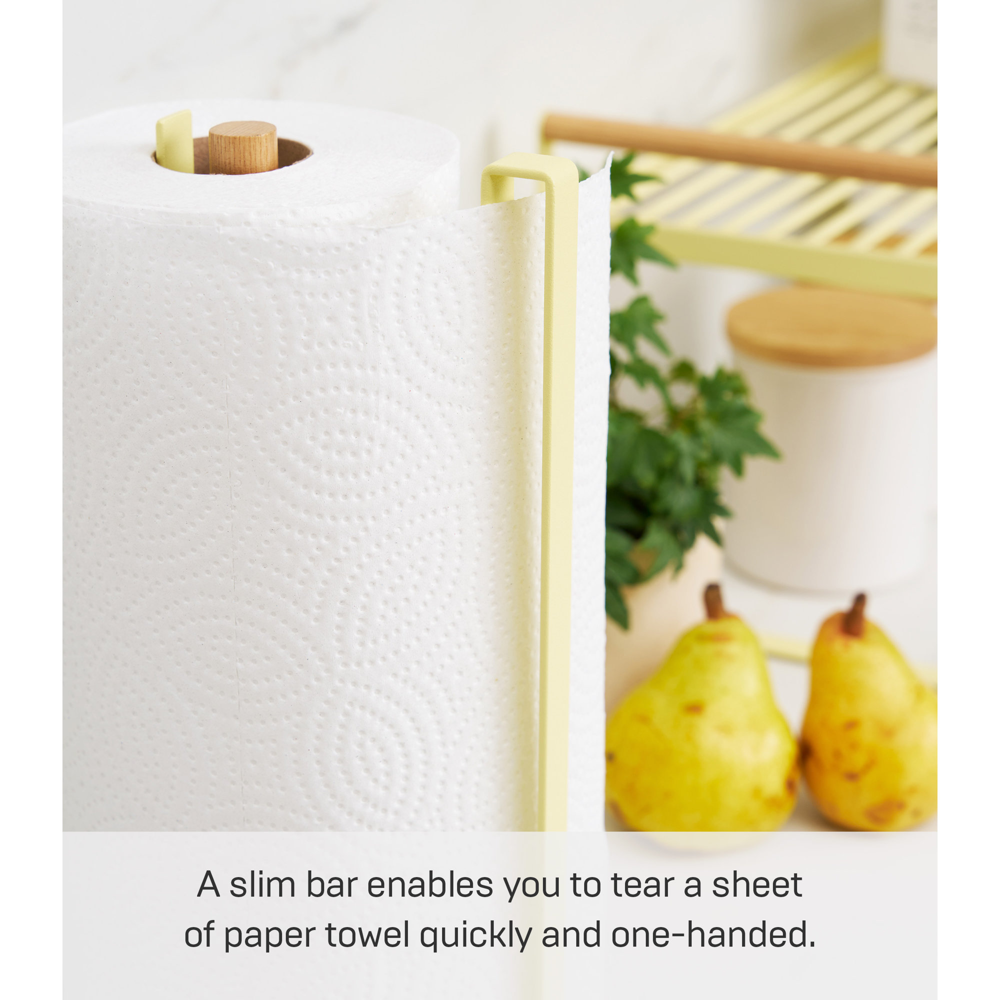 Yamazaki Home One-Handed Tear Paper Towel Holder - Kitchen Storage Rack, Steel + Wood, Yellow Pear
