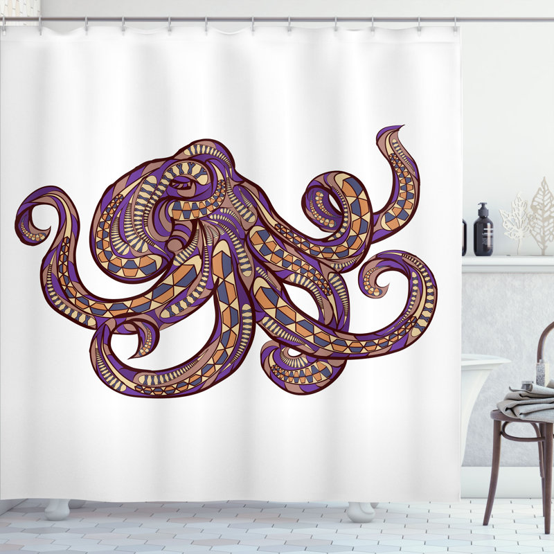 Motif de rideau de douche Dakota Fields Octopus - Moutarde mauve, H 70 po x l 69 po