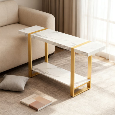 Modern Console Table With Marble Top, 2-Tier Entryway Table With Open Storage Shelf, T-Shaped Metal Frame Accent Table For Living Room, Hallway Or Entry