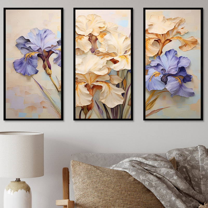 «Beige An Blue Minimalisme» Iris Serenity Blooms II - Iris, ensemble d'art sur toile, Cadre flottant noir