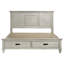 Très grand lit oriental blanc vieilli avec 2 tiroirs, glissières à fermeture douce et style inspiré de la mission pour le rangement de la plateforme de chambre à coucher blanc, bois brossé, glissières de tiroir