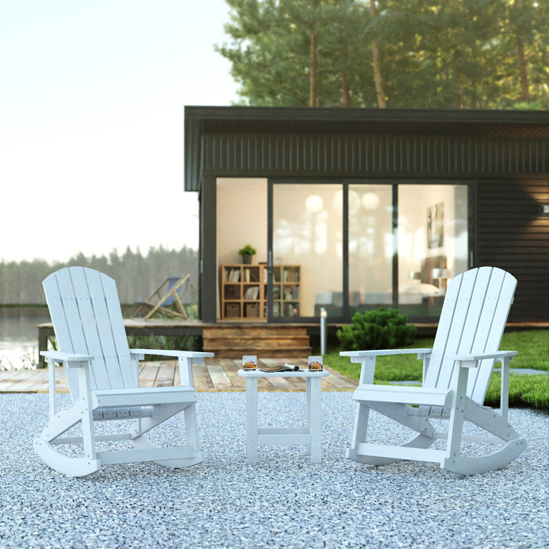 Baltazar All-Weather Poly Resin Wood Adirondack Rocking Chairs with Side Table, White