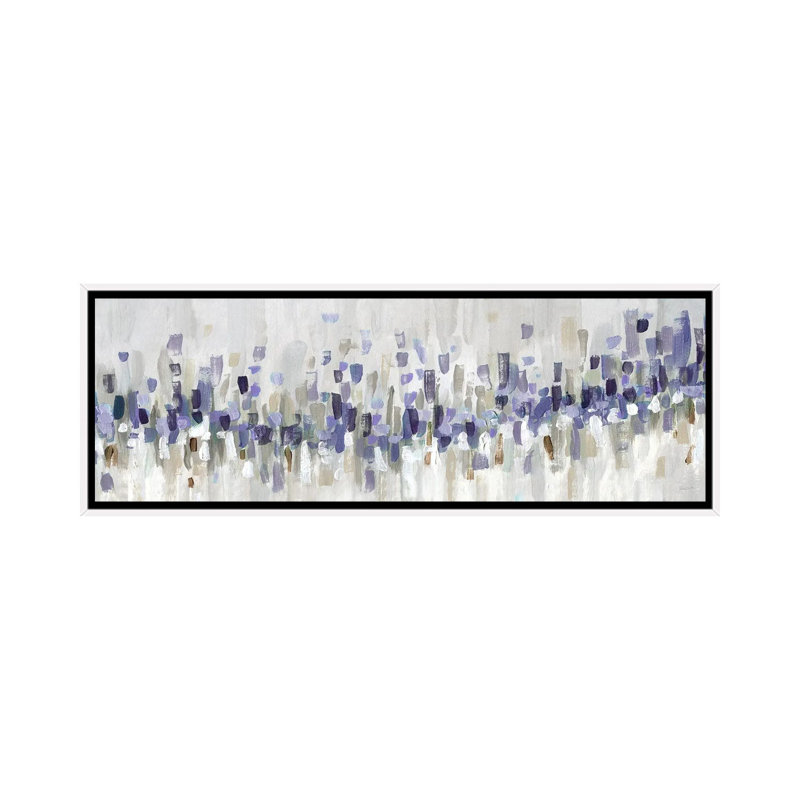 «Blue Staccato - Blue» par Katrina Craven, H 20 po x l 60 po, Cadre flottant en bois foncé foncé