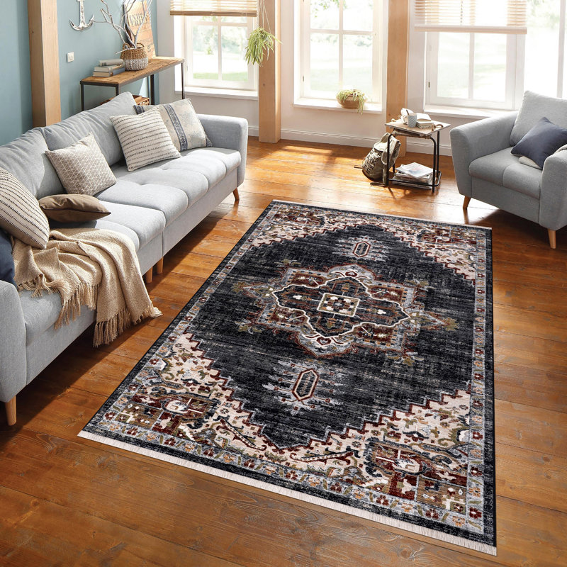 Tapis en médaillon ivoire, bleu marine, gris, rouille, vert et or Moab Collection, Rectangle 5 pi x 7 pi 7 po