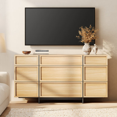 TV Stand With 9 Drawers & T-Shaped Wood Legs, Media Storage Console For Living Room, Bedroom