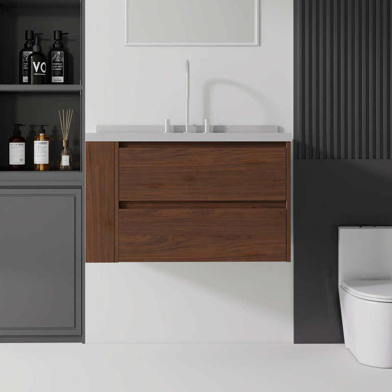 Meuble-lavabo flottant avec comptoir en marbre de culture et tiroir à fermeture en douceur, Brown