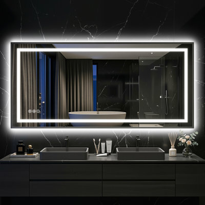 Miroir de salle de bain à DEL avec lumières, miroir de meuble-lavabo mural avec cadre noir, contrôle tactile, antibuée, lumières à intensité variable, incassable, fonction mémoire, miroirs de salle de bain muraux