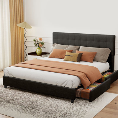 Bed Frame With 4 Storage Drawers, Modern Low Profile Platform King Size Bed with Headboard