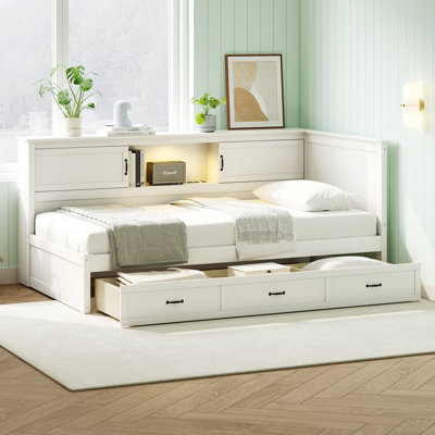 Base de lit en L avec tiroir et bibliothèque, lit d'angle en bois avec éclairage à DEL et port USB pour petite pièce, chambre à coucher, chambre d'amis