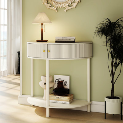 -crafted Wave-pattern End Table With Dual Storage And Creamy Vanilla Beige Finish For Hallway White Wave Detailing Drawers Bedroom