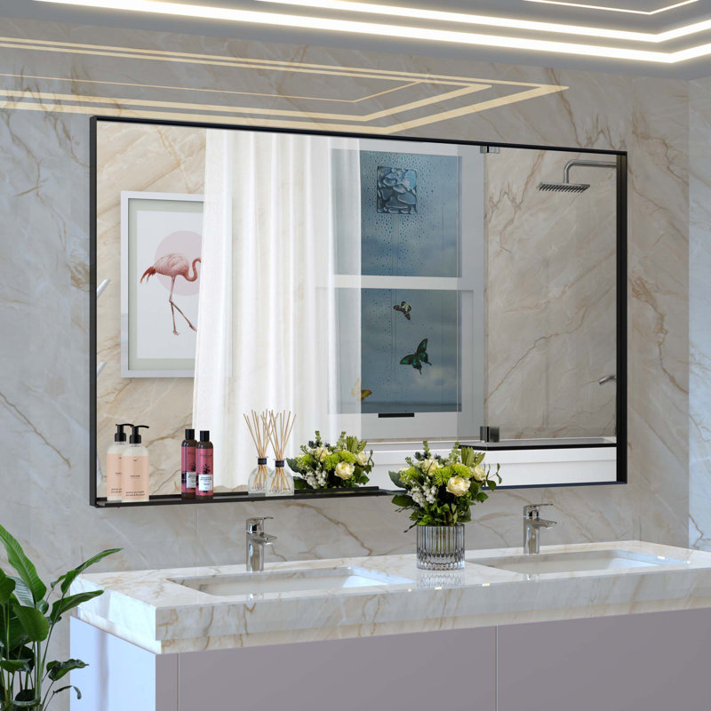 Miroir de salle de bain surdimensionné avec plateau mural amovible, Black, 40 po x 60 po
