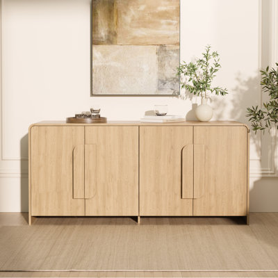 Buffet 64 po à 4 portes en bois de conception moderne avec bords arrondis et tablettes réglables, crédence de meuble de rangement incurvé de style Mid-Century pour la maison, la cuisine, la salle à manger et le salon