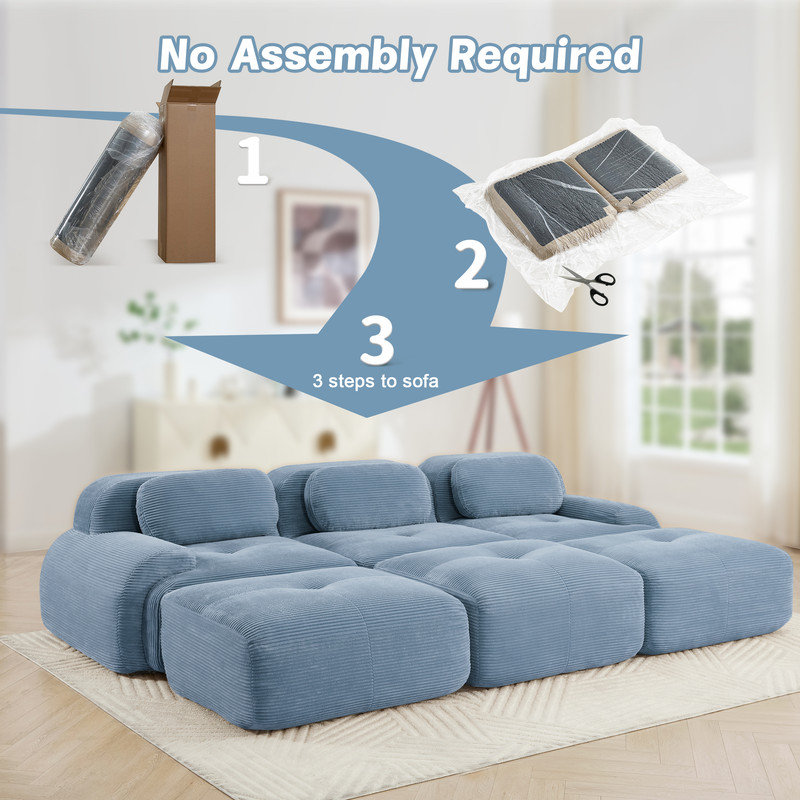 Canapé modulaire désossé avec canapé-lit Boneless, Velours côtelé bleu