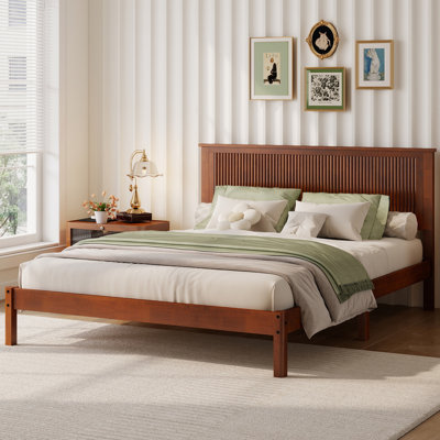 Queen Size Solid Rubber Wood Platform Bed with Wave Headboard, Central Support Beams and Reinforced Feet, Walnut