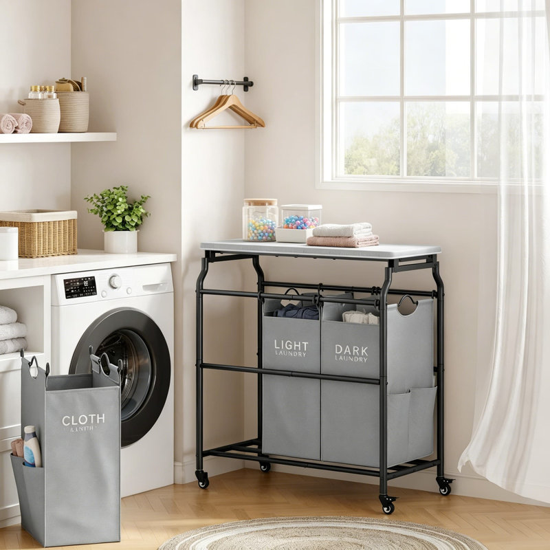 3 Section Laundry Sorter Cart with Ironing Board, Rolling Wheels, Heavy Duty Clothes Hamper with Removable Bags, Large Laundry Basket Organizer with Shelf, Gray