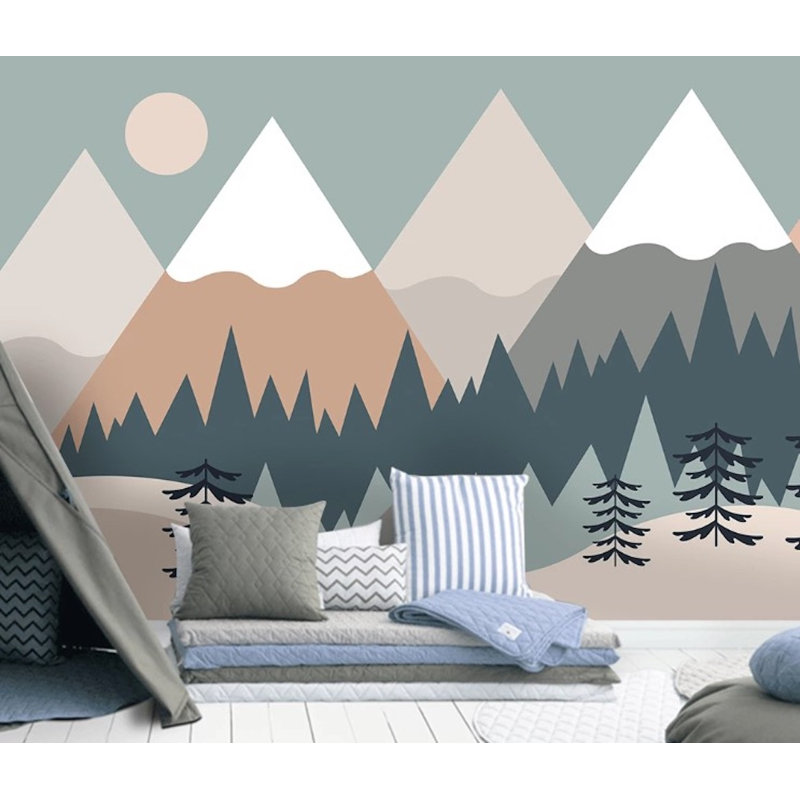 Papier peint amovible Snowy Row of Geometric Mountains Forest, L 98,04 po x l 120 po