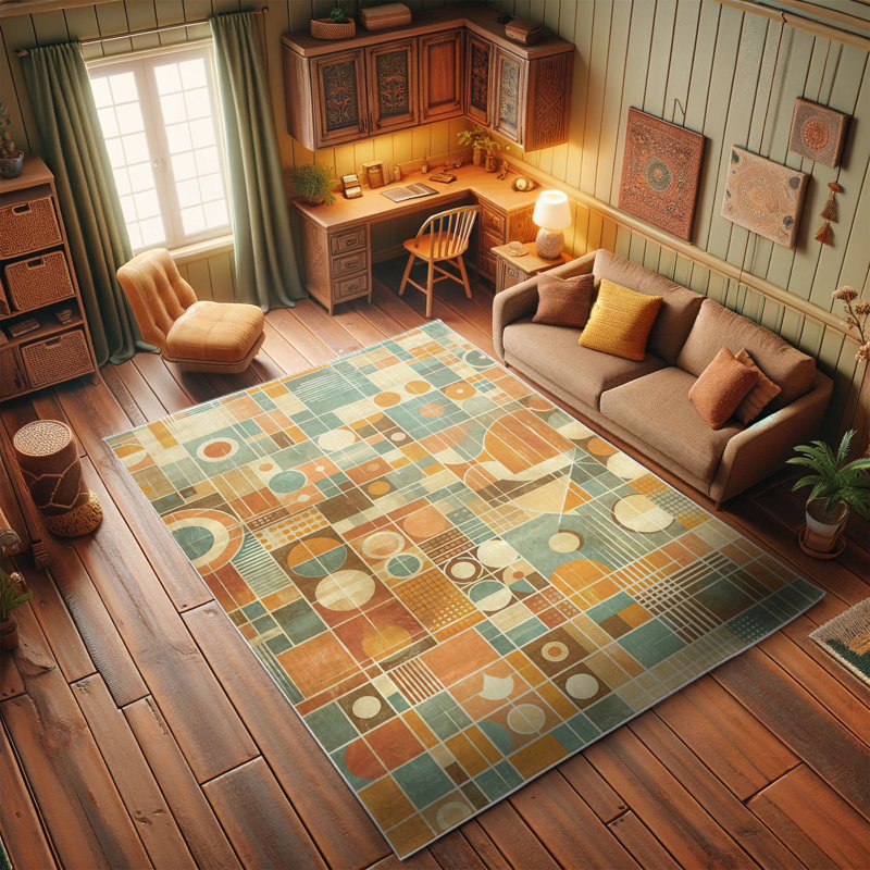 Mid-Century Modern Blue and Burnt Sienna Synthetic Area Rug