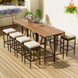10-Piece Outdoor Bar Height Table And Eight Stools With Cushions, High-Dining Bistro Set