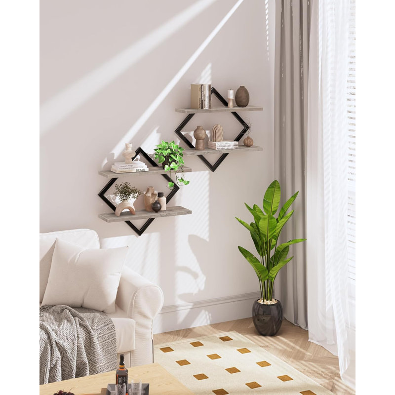 Floating Shelves Set Of 2, Wall Mounted Shelves With Diamond Design, 2-Tier Hanging Shelves For Living Room, Bedroom, Kitchen, Office, Study, Sturdy And Space-Saving Storage Solution