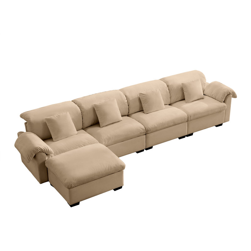 Très grand canapé en velours brun clair avec coussins haute résilience et rangement modulaire spacieux, 4