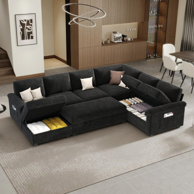 Ahn U-Shaped Sectional Sleeper Sofa, 6-Seater Convertible Sofa Bed with Pull Out Bed, Hidden Storage for Living Room, Black