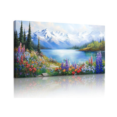 Art mural paysage au bord du lac, grande décoration murale nature sauvage, paysage de montagne, fleurs sauvages, peintures sur toile Cottagecore pour salon, chambre à coucher, impressions sur ferme 20 x 40 po