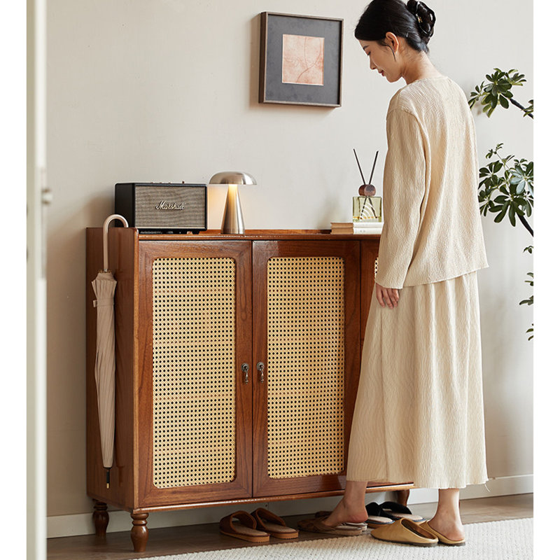 Armoire de rangement autoportante en bois et en rotin pour chaussures