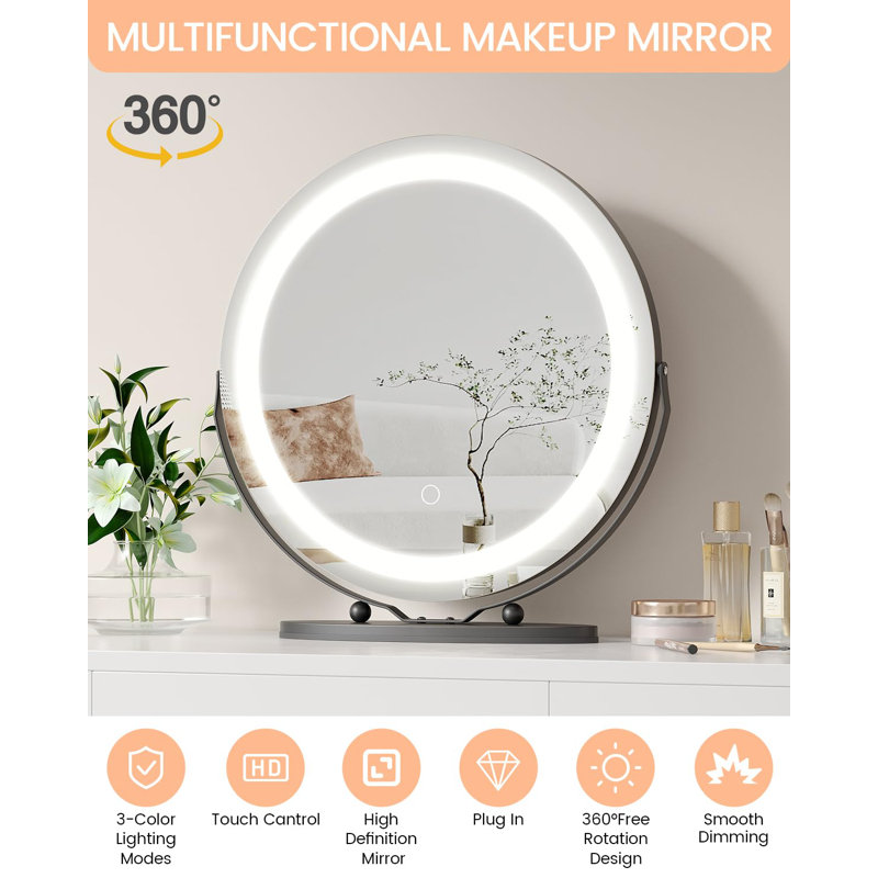 19 Inch Vanity Mirror With Lights, Round Large LED Vanity Mirror With Smart Touch 3 Colours Dimmable, Touch Lighting, Black