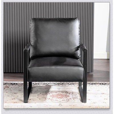 Chaise d'appoint Mid-Century à structure carrée en métal - Microfibre tachetée, similicuir noir, accoudoirs rembourrés, coussin épais