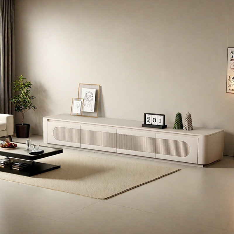 Meuble télé crème avec coins arrondis, H 13,77 po x L 94,48 po x l 15,74 po