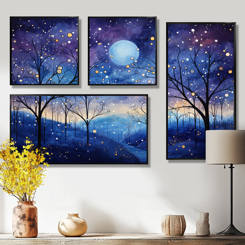 Indigo Dreams III - Ensemble d'art mural abstrait 4 paysages, Noir, Impression encadrée sans passe-partout