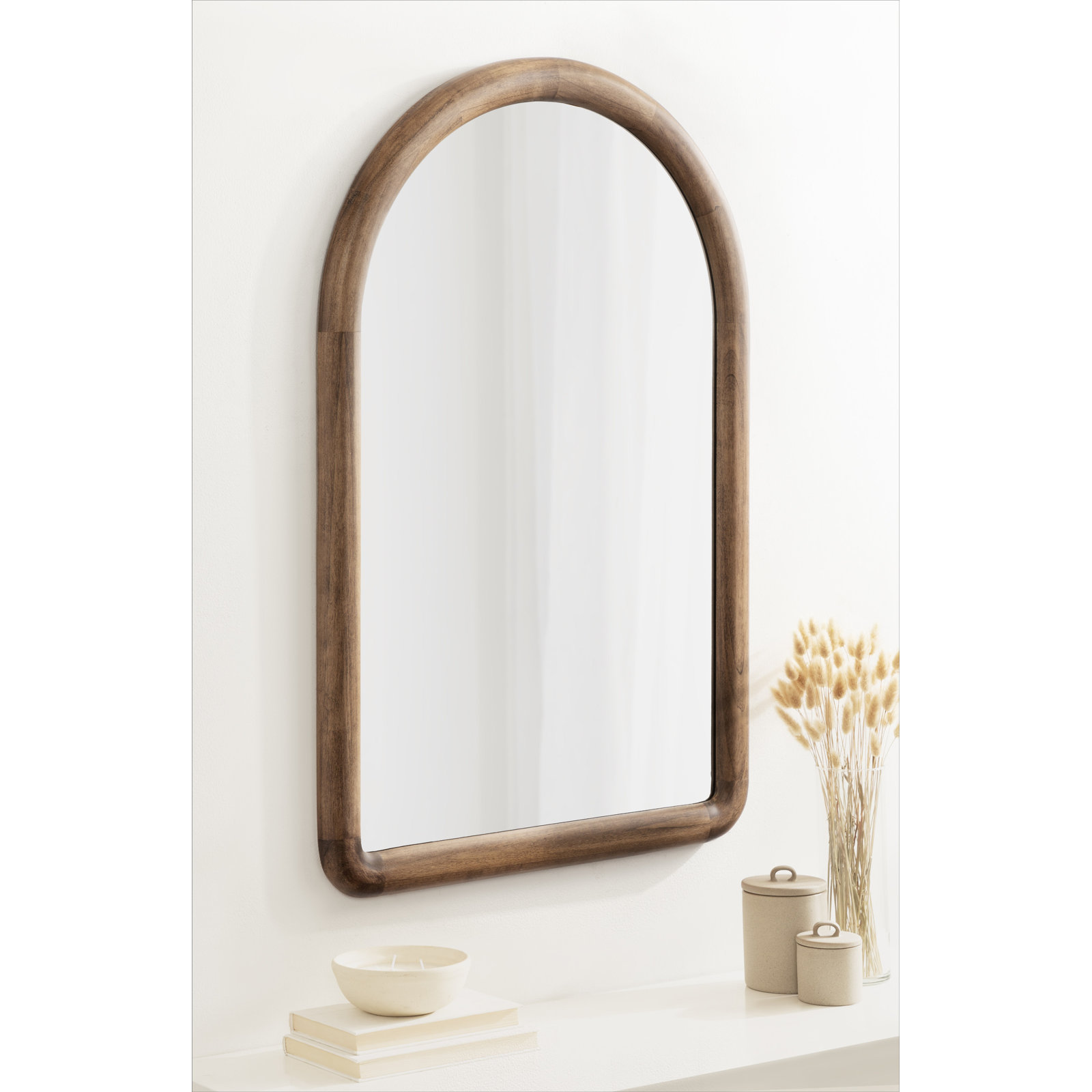 Breece Wooden Arched Bathroom Wall Mirror, Rustic Brown