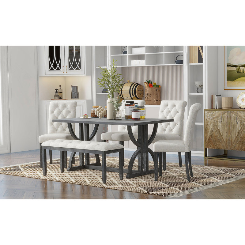 Ensemble de table de salle à manger 6 pièces, 6 pieds, 4 chaises rembourrées et 1 banc pour la salle à manger et la cuisine