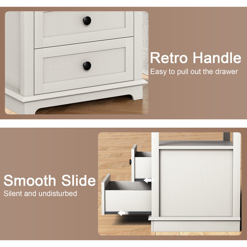 2 Drawer Danforth with Storage and Built-in Charging Station, White