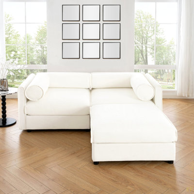 Stylish Chenille 2-Seater Sofa With Ottoman Storage Seat, Cylindrical Backrest And Armrests, Modern Fabric Loveseat Featuring Hidden Storage Space