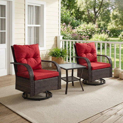 Ensemble de patio extérieur 3 pièces, 2 fauteuils pivotants à bascule en osier et table basse, mobilier de véranda résistant aux intempéries, rouge