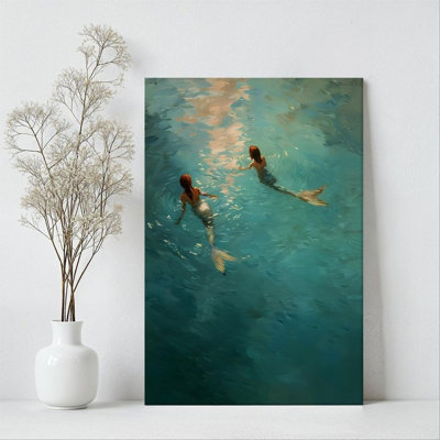 1Pc Framed Canvas Poster Print Mermaid, Ocean Waves, Impressionist Oil Painting Style Wall Art Decor, Perfect for Room Decor Living Room Bedroom Office Kitchen Bathroom Home Decor, Ideal Home Wall Decoration Gift, 2D Flat