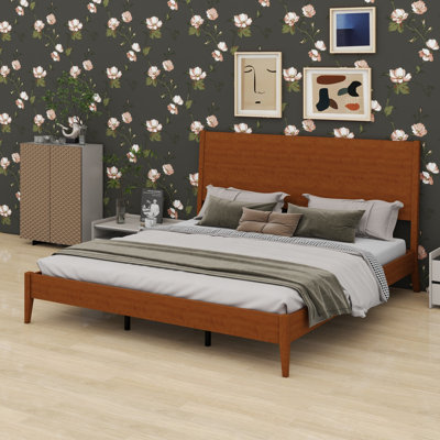 Modern Mid-Century Wood Bed Frame, Durable Wood Slats and Metal Support