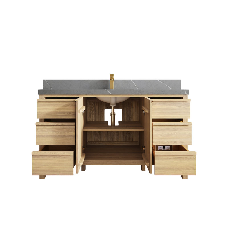 Elizabeth Oak 60 In. W X 22 In. D Single Sink Bathroom Vanity With 2 In. Quartz, Piatra Gray