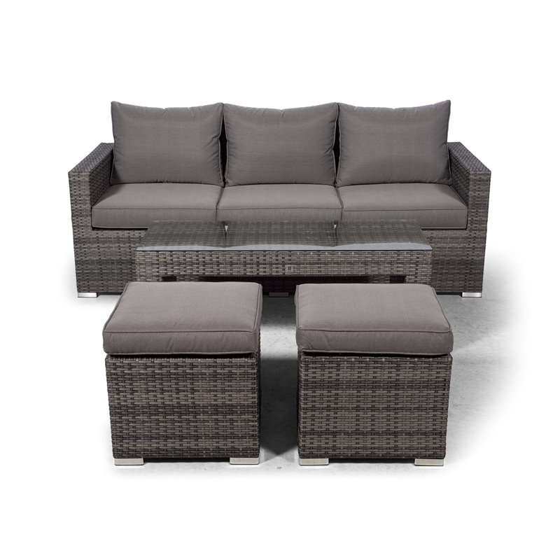Villatoro Grey Rattan 3 Seat Sofa With 2 Stool Coffee Table, Outdoor Patio Garden Furniture