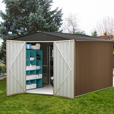 Remise de rangement extérieure 8 x 12 pi, remise de jardin en métal avec toit incliné, maison de rangement pour outils imperméable avec portes verrouillables doubles pour la cour, le patio, la pelouse, brun