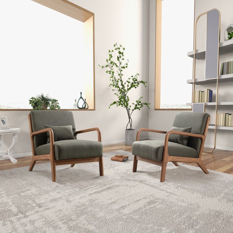 66 cm Wide Modern Minimalist Upholstered Solid Wood Accent Armchair with A Supportive Backrest (Set of 2), Dark Green Linen