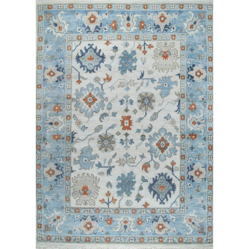 8x10 Ivory Hand-Knotted Wool Sky Blue Border Classic Traditional Modern Contemporary Carpet Rug